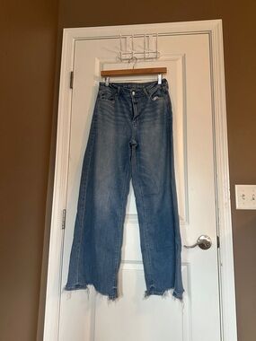 American Eagle Outfitters Wide Leg Frayed Hem Jeans - Blue Wash